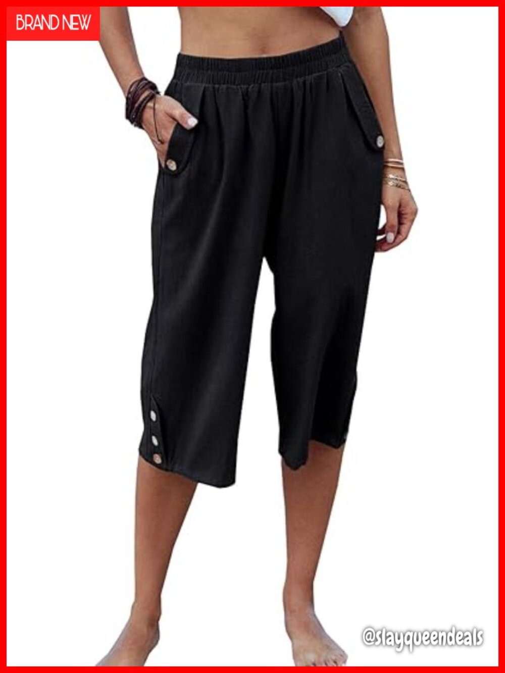 Women's Elastic Waist 3/4 Capri Harem Pants with Pockets Casual Loose Yoga
